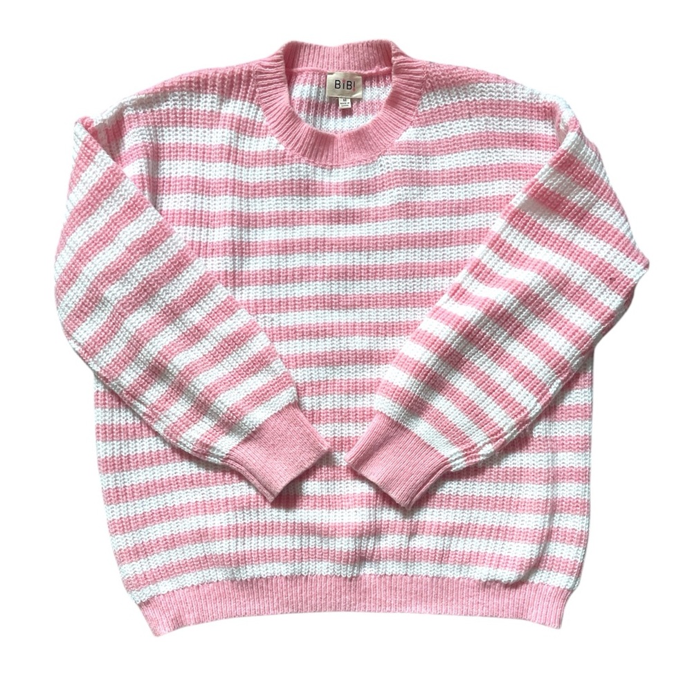 BiBi Pink and White Striped Crew Neck Sweater